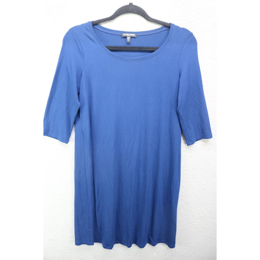 Eileen Fisher 3/4 Sleeve Stretchy Navy Blue Shirt Dress-P/S-Minimalist-Preppy